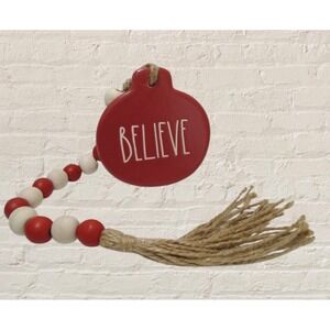 Rae Dunn "Believe" Red And White Home Wooden Beads With Ceramic‎ Plaque, New